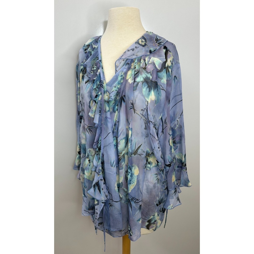 Midnight Velvet 100% Silk Ruffle Wrap Blouse Blue Floral Sheer Top Plus Size 18W - Picture 3 of 13